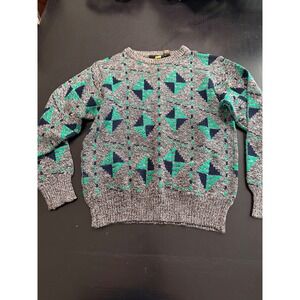 Vintage Van Cort‎ Mens Small Geometric Knit Sweater Grey Teal Acrylic Crewneck
